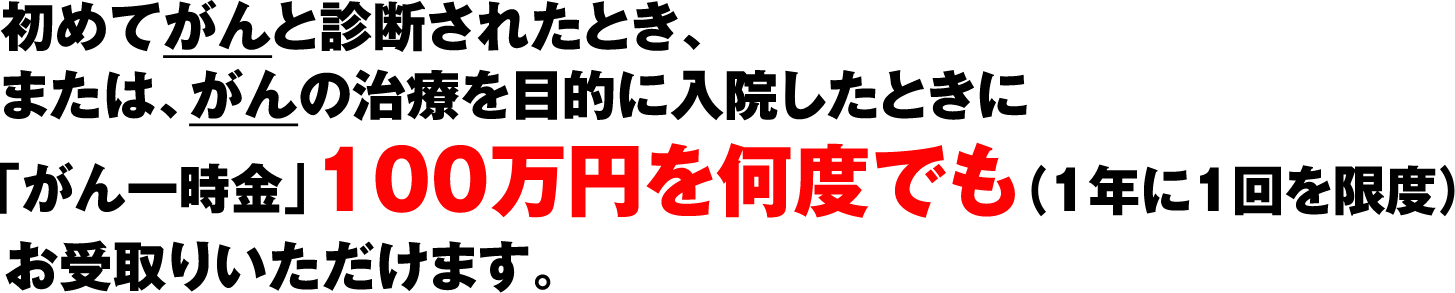 初めてがんと診断されたとき、または、がんの治療を目的に入院したときに「がん一時金」100万円を何度でも（1年に1回を限度）お受取りいただけます。